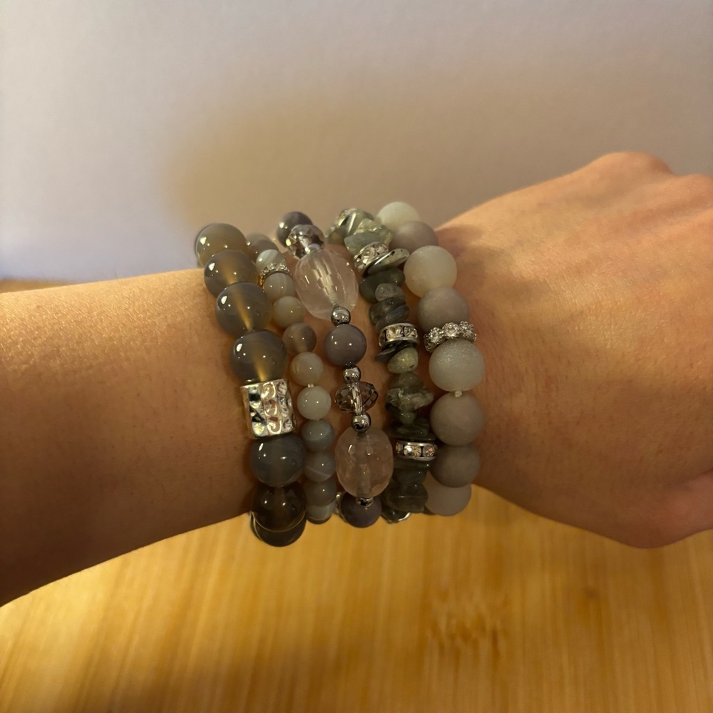 Handmade Gemstone Bracelet Stack Set of 5 NWT Labradorite Amethyst Jade Agate